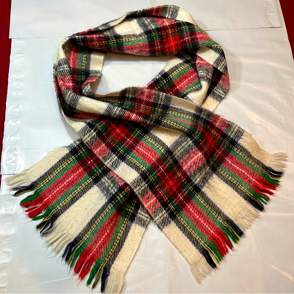 RED Green PLAID Scarf Tartan Made In JAPAN acrylic Fringe 47” wide plaid vintage